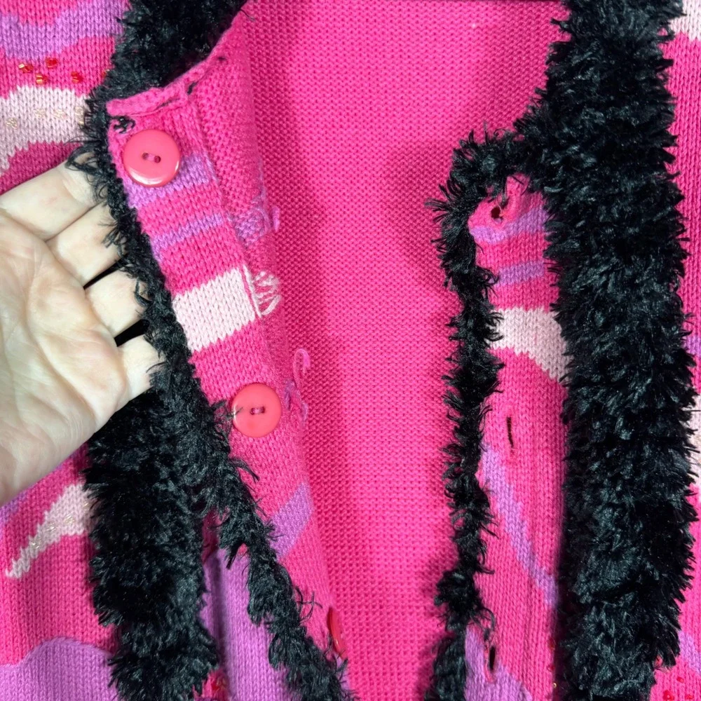 Vtg 90s Storybook Knits Pink Rose Beaded Knit Cardigan Sweater‎ Faux Fur Trim Sm